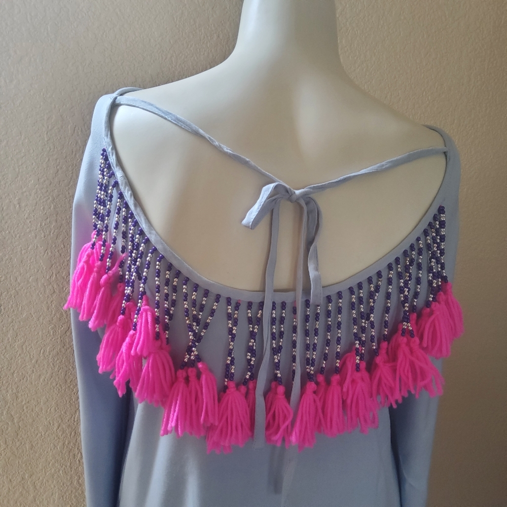 Philosophy Ruffle Beaded Fringe Long Sleeve Casual Dress Blue New - Picture 4 of 11
